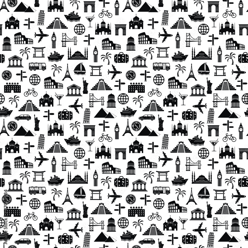 Seamless pattern with travel famous places abstract silhouettes