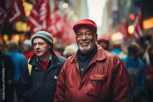 Senior man in red with joyful demeanor amidst a bustling protest crowd