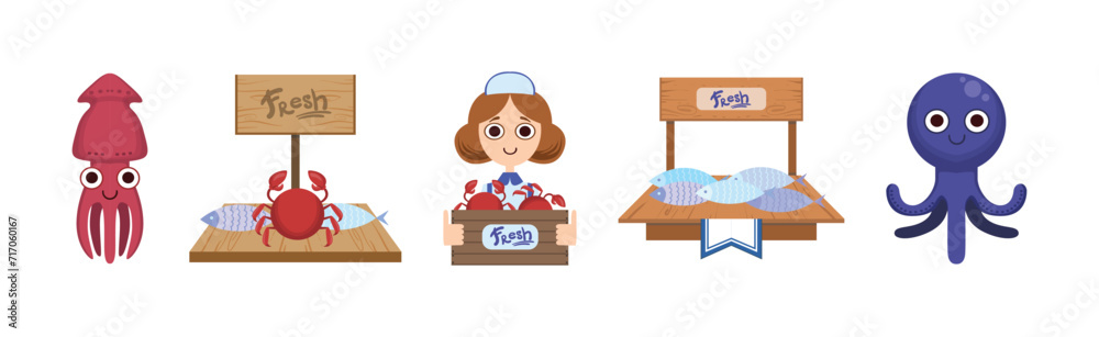 Seafood Market Design Flat Element with Fresh Marine Product and Seller Vector Set Seafood Market Design Flat Element with Fresh Marine Product and Seller Vector Set