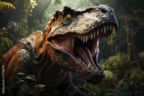 Dinosaur lizzard tyrannosaur rex in the jungle open mouth Generative AI © Saim Art