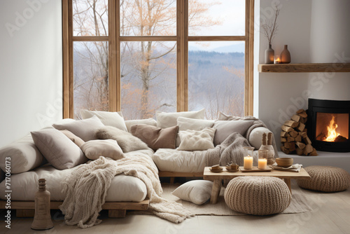 Picture a cozy white sofa adorned with cushions and a snug blanket, positioned against a window, capturing the essence of relaxation and timeless design.