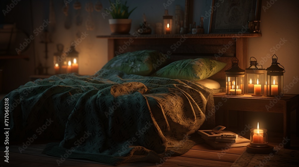 Interior of a cozy bedroom with a large window, a wooden bed and a green blanket.