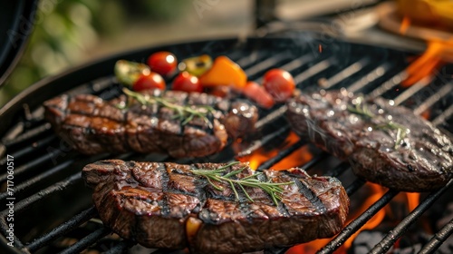 Barbecue garden grill with beef steaks, close-up