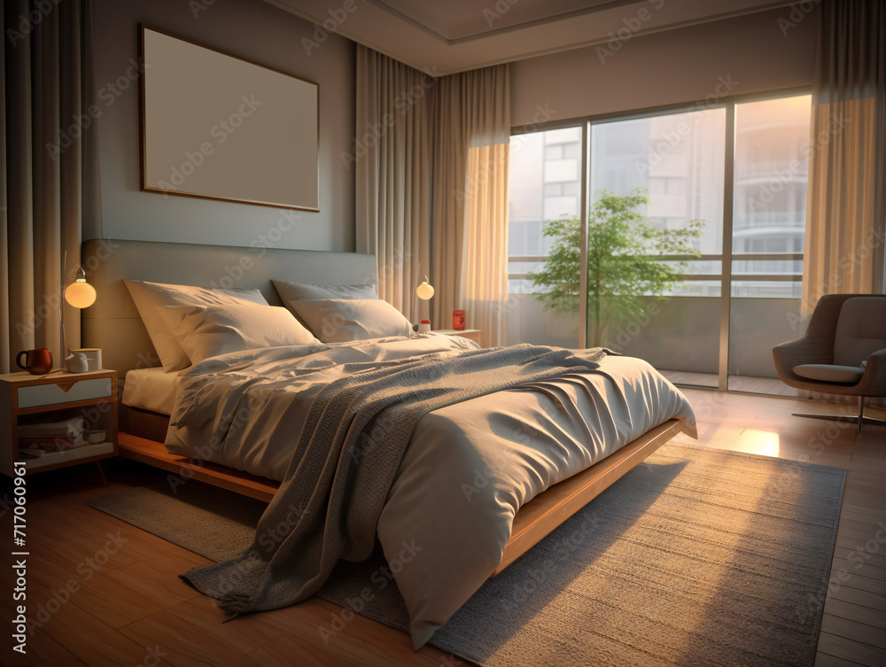 Fototapeta premium Bed with white pillows in the bedroom with a view of the city.