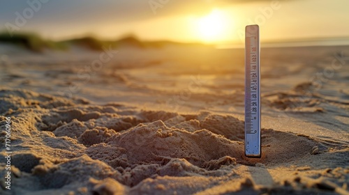 A detailed close-up of a thermometer placed on sandy terrain