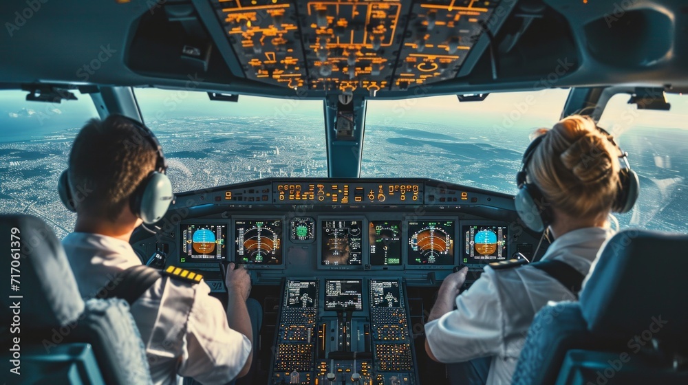 Fototapeta premium Two professional aviators sitting in cockpit during flight
