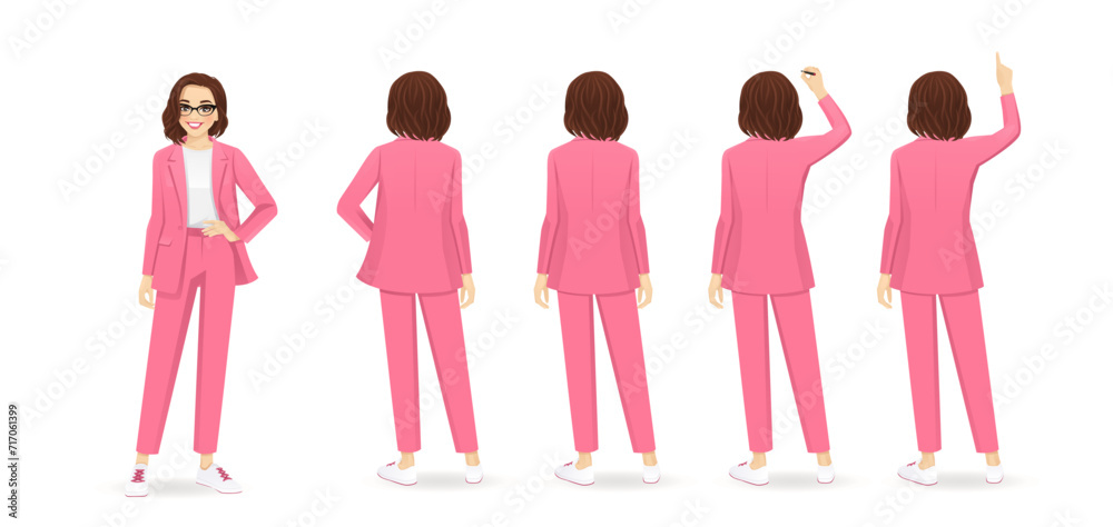 Back rear view of standing young beautiful business woman in pale pink suit different poses set isolated vector illustration