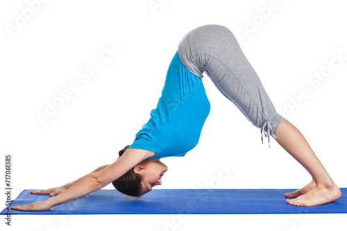 Yoga - young beautiful woman yoga instructor doing downward facing dog pose (adho mukha svanasana) exercise isolated on white background