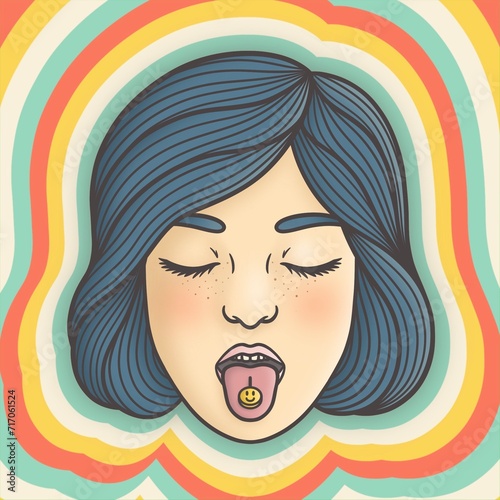 Illustration of a girl swallowing a happy pill (ID: 717061524)