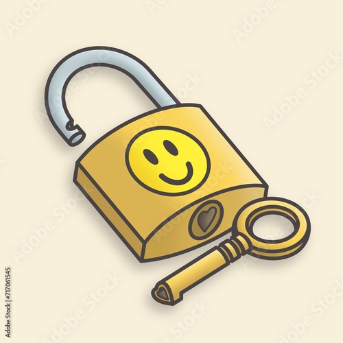 Illustration of a padlock with a smiley on it and a heart shaped key (ID: 717061545)