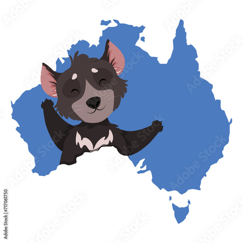 Cute Tasmanian devil on the background of a map of Australia photo