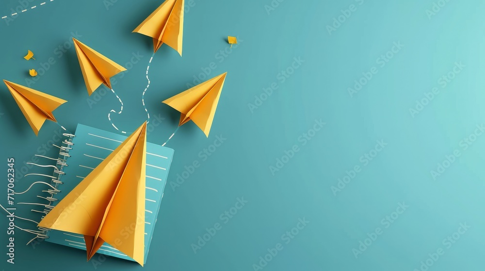 School notebook background, 3d flying yellow paper airplanes School notebook background, 3d flying yellow paper airplanes