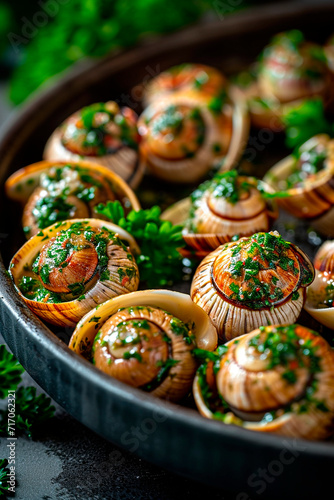 Escargots stuffed with butter and herbs. Selective focus.