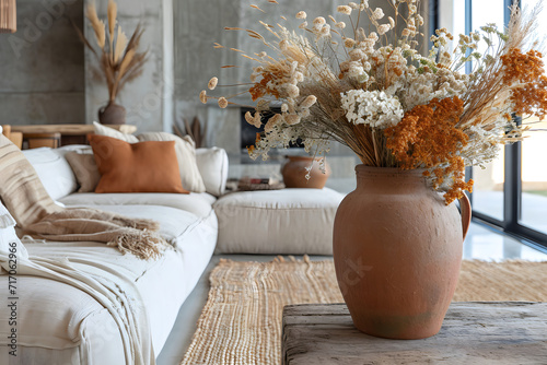 dried flowers in a clay pot, interior in African style photo