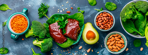 Foods that contain iron. Selective focus.