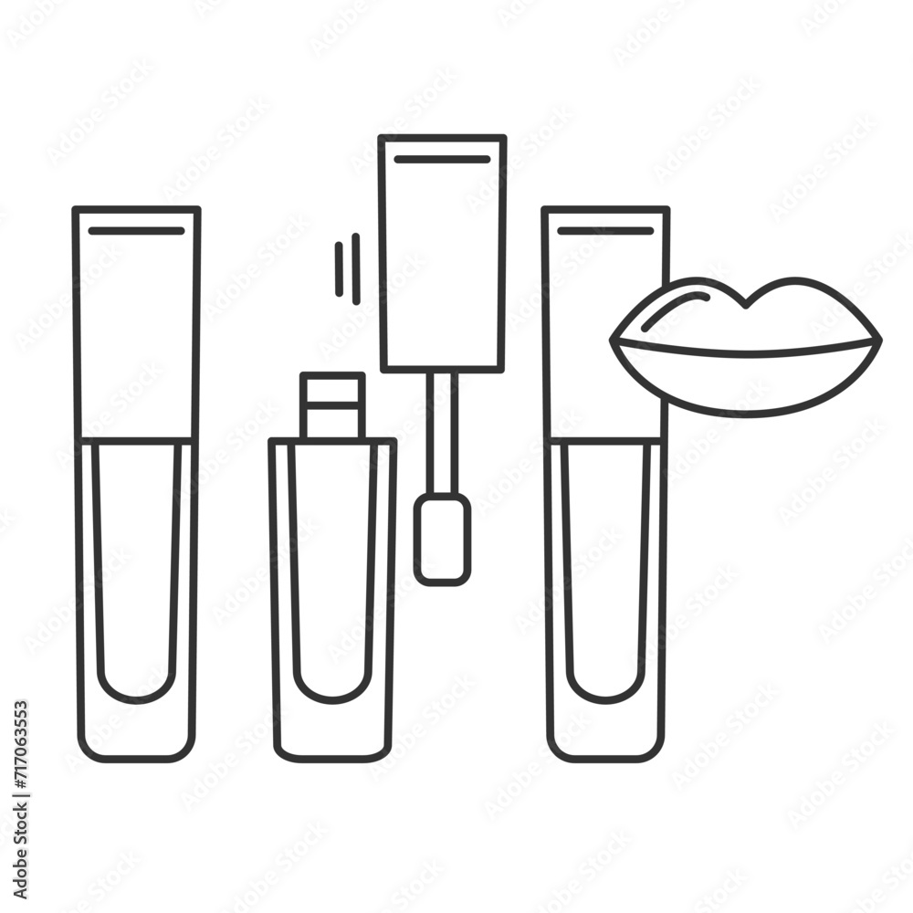 Lip gloss line art icon. Set of separate tube and brush. Closed, Opened Lip Gloss, Lipstick Package.Lips makeup and cosmetology vector icon.Editable vector illustration eps10 Lip gloss line art icon. Set of separate tube and brush. Closed, Opened Lip Gloss, Lipstick Package.Lips makeup and cosmetology vector icon.Editable vector illustration eps10