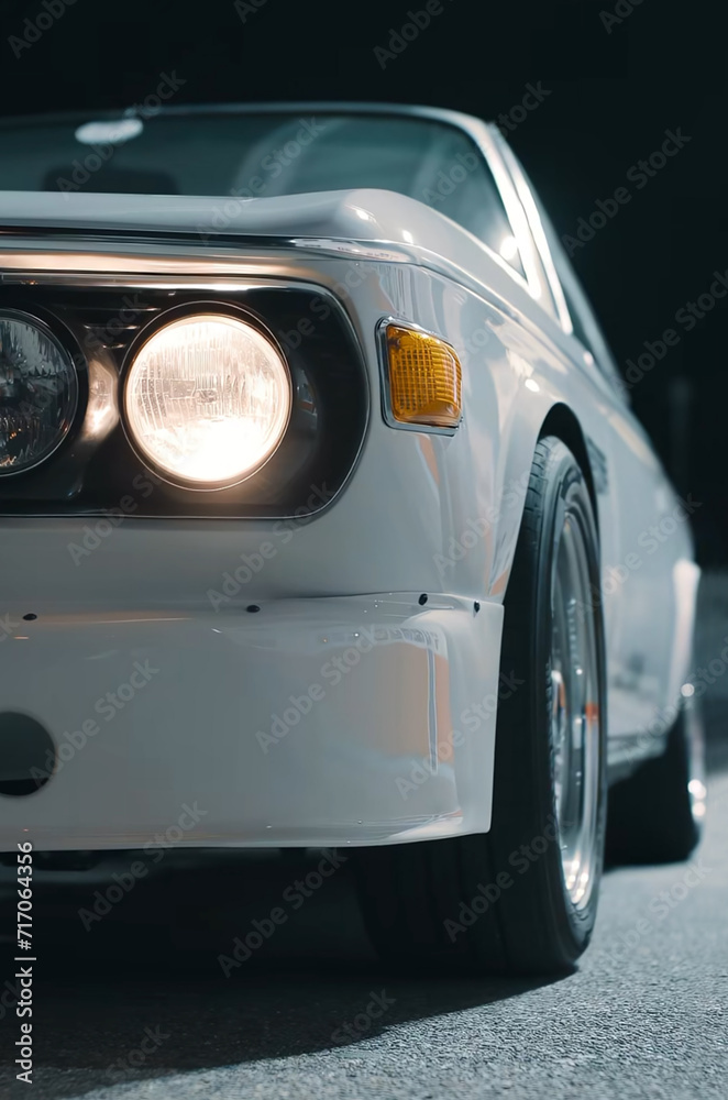 The front corner of an 80's sports car with the headlight on. Shallow depth of field