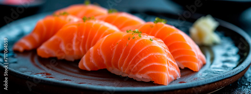 Red fish slices on a plate. Selective focus.