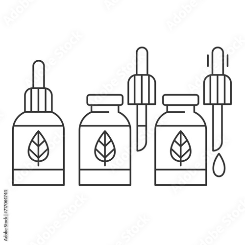 Dropper bottle with serum or oil, linear icons set. Closed, Opened vial with drop, herbal liquid package.Makeup and cosmetology concept.Editable Stroke. Vector illustration EPS 10