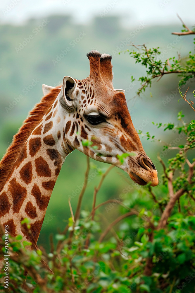 Fototapeta premium portrait of a giraffe in the wild. Selective focus.