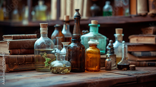 Potion in bottles and old books. Selective focus.