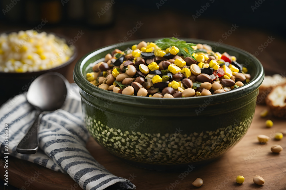 A bowl of dried black-eyed pea salad enriched with garnish A bowl of dried black-eyed pea salad enriched with garnish
