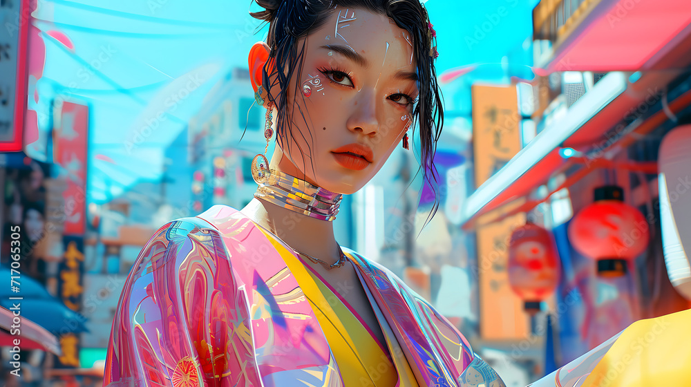 Beautiful woman wearing pink and yellow kimono, in the style of futuristic pop, street pop art Beautiful woman wearing pink and yellow kimono, in the style of futuristic pop, street pop art