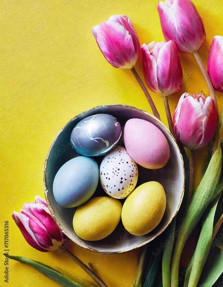 Stylish background with colorful easter eggs isolated on yellow background with pink tulip flowers Stylish background with colorful easter eggs isolated on yellow background with pink tulip flowers