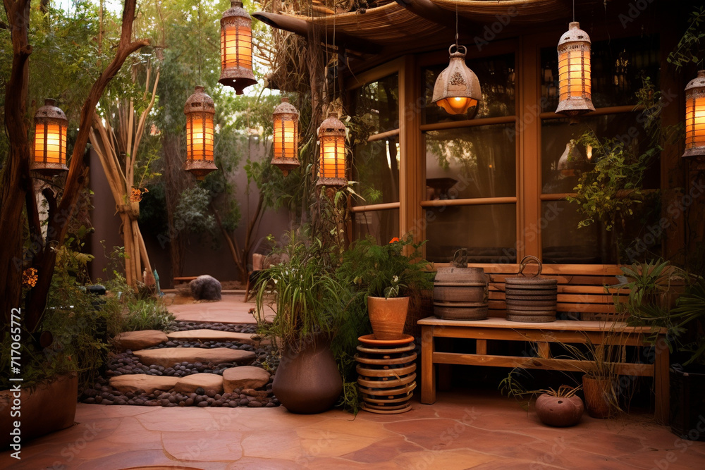 A beautiful cozy summer terrace with lanterns.
