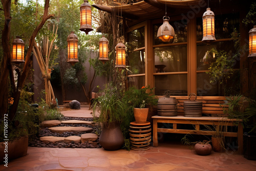 A beautiful cozy summer terrace with lanterns. © Natali08