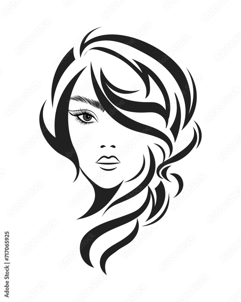 Portrait of a beautiful woman with long hair. Black and white silhouette. Beauty logo. Fashion and beauty concept. Vector Portrait of a beautiful woman with long hair. Black and white silhouette. Beauty logo. Fashion and beauty concept. Vector