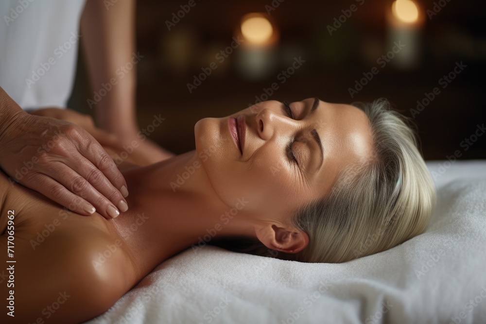 Obraz premium middle aged woman experiences deep relaxation during a therapeutic massage in a dimly lit spa, her contentment palpable in the serene ambiance
