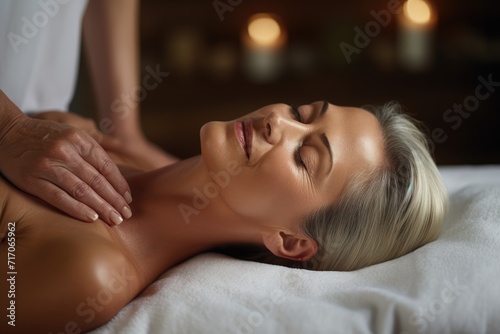 middle aged woman experiences deep relaxation during a therapeutic massage in a dimly lit spa, her contentment palpable in the serene ambiance