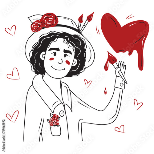 Beautiful artist with curvy hair in straw hat with rose flowers with brush in red paint is drawing red heart with streaks. Concept of love, relations, children art school. Hand drawn vector doodle.