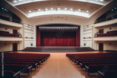 Sophisticated big auditorium hall with stage. Conference hall. Lecture Hall. Empty Screening Theater. theater stage red curtains Show Spotlight. Empty Auditorium.