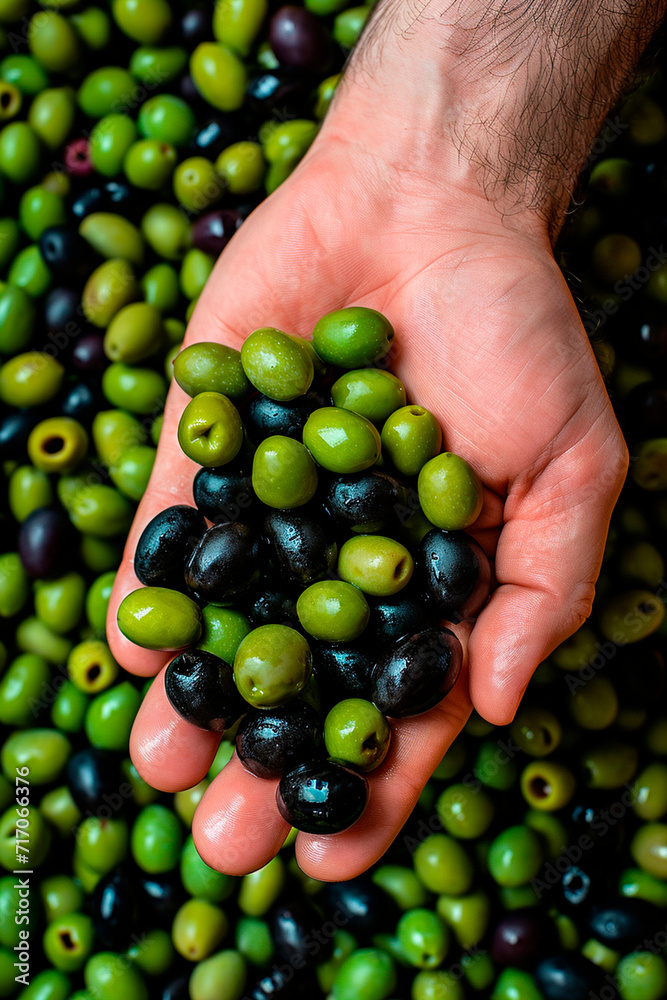 harvest of olives in hand. Selective focus.