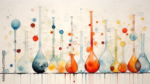 Laboratory glassware with colorful liquids and molecules. Science background.AI.