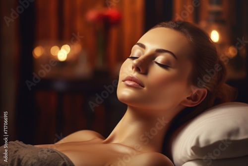 woman finds solace in a candlelit spa room, her closed eyes and relaxed posture reflecting a deep state of relaxation and inner peace