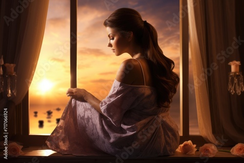woman posing at a window at a breathtaking sunset, surrounded by the romantic ambiance of a luxuriously appointed room