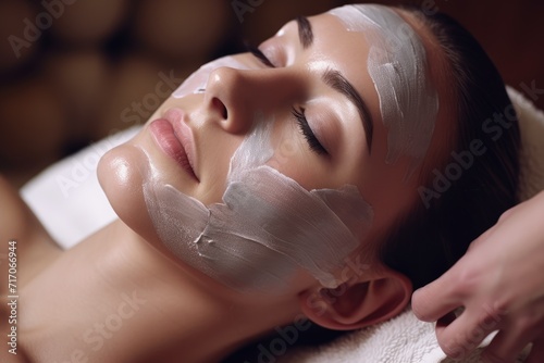 woman relaxes with a facial mask applied during a tranquil spa treatment, her eyes closed in peace, as gentle hands perform the skincare routine