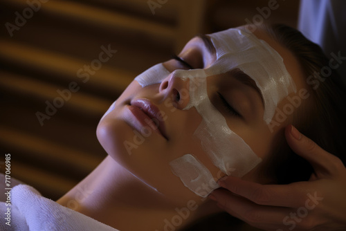 woman relaxes with a facial mask applied during a tranquil spa treatment  her eyes closed in peace  as gentle hands perform the skincare routine