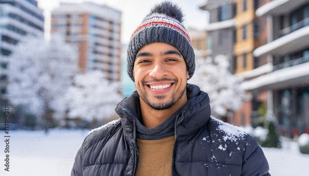 smiling man in knitted hat stands in snowy scene, winter joy and beauty smiling man in knitted hat stands in snowy scene, winter joy and beauty