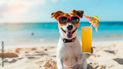 A dog drinks a cocktail on the beach wearing sunglasses. Selective focus. photo