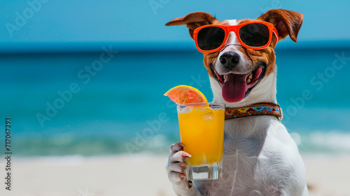 A dog drinks a cocktail on the beach wearing sunglasses. Selective focus. photo