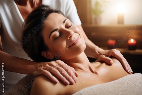 woman smiles with satisfaction during a relaxing shoulder massage at a spa, her serene demeanor speaking of pure bliss