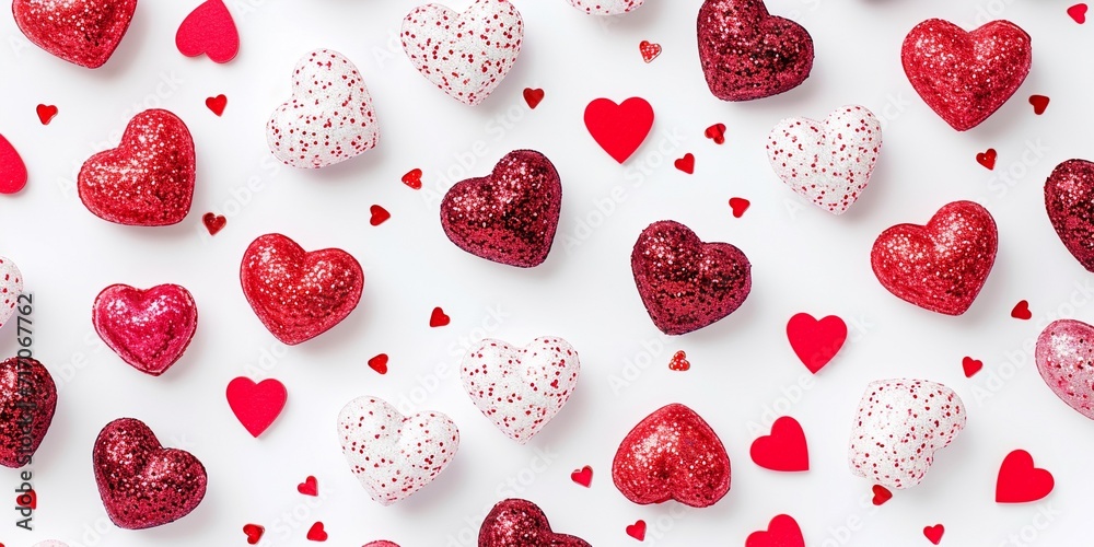Hearts background, Valentine Day falling heart pink and red on white, copy space.