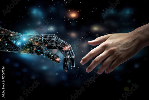 AI Machine learning, Hands of robot and human touching on big data network connection,artificial intelligence technology