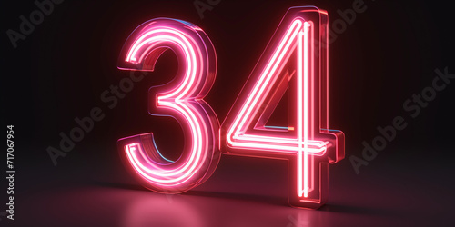 3d render, number thirty four glowing in the dark, pink blue neon light, concept of 34 birthday. photo