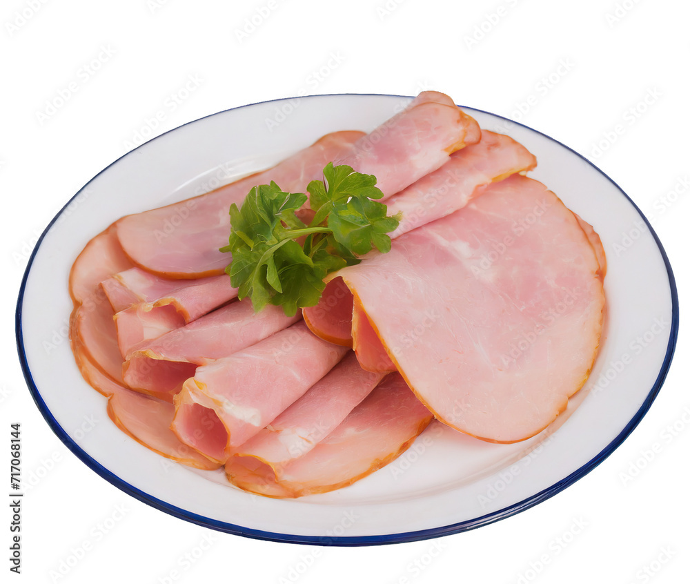Slices of ham on the white plate - isolated Slices of ham on the white plate - isolated