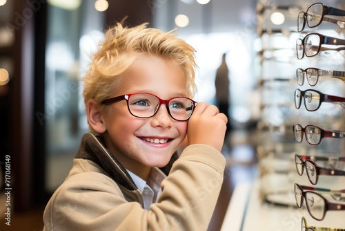 A 10-year-old blond boy wearing new glasses